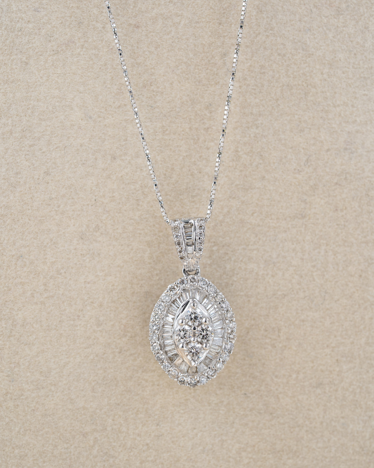 Oval Baguette Halo Cluster Diamond Necklace (A18138)