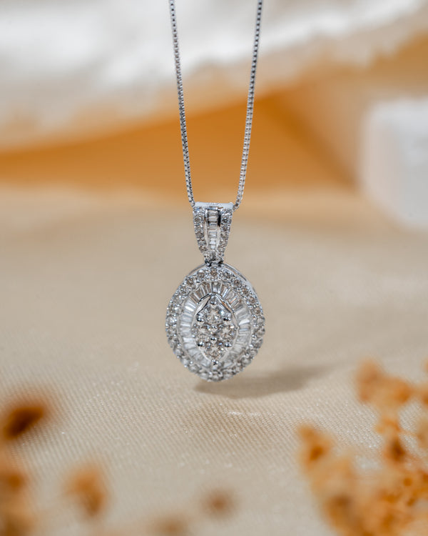 Oval Baguette Halo Cluster Diamond Necklace (A18138)